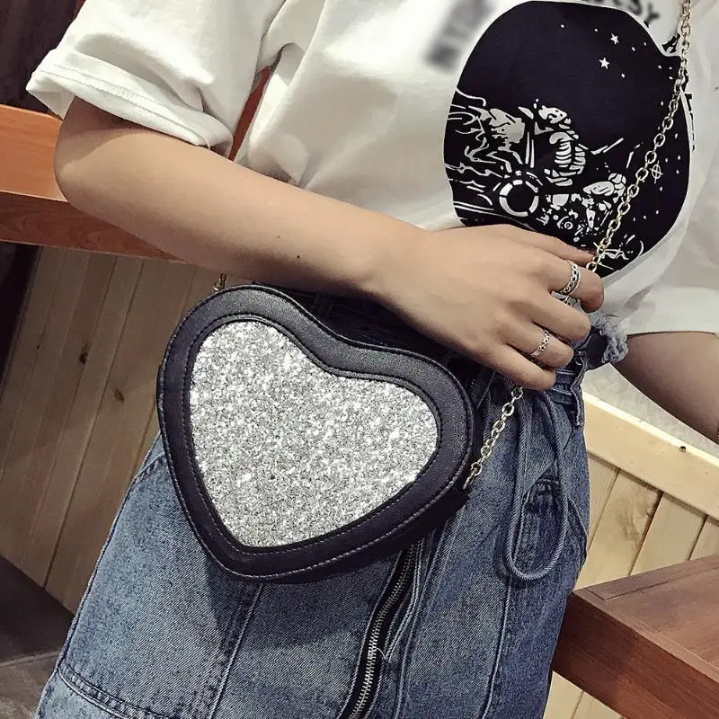

PU Leather Women Heart Shape Chain Bag Sequin Shoulder Crossbody Bag Luxury Sequin Clutch Chain Women Messenger Bags Bolsas