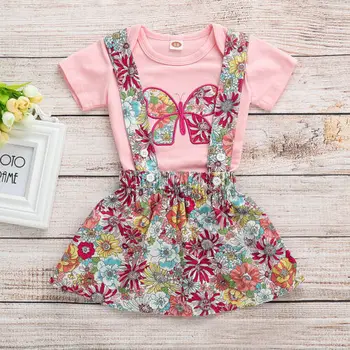 

Newborn Baby Girl Clothes Short Sleeve Romper Flower Suspender Skirt 2Pc Outfit