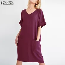 ZANZEA летние шорты рукав короткое платье; Для женщин Повседневное однотонная жилетка с v-образным вырезом, свободные Открытое платье без рукавов модная одежда из хлопка и льна вечерние рубашка Vestidos