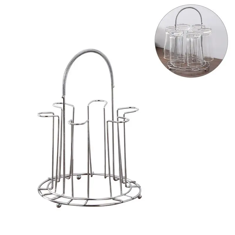 الفولاذ المقاوم للصدأ 6 أكواب قدح زجاجي حامل حامل تجفيف الرف المنزل المطبخ شنقا تجفيف التخزين رف تخزين المنزل
