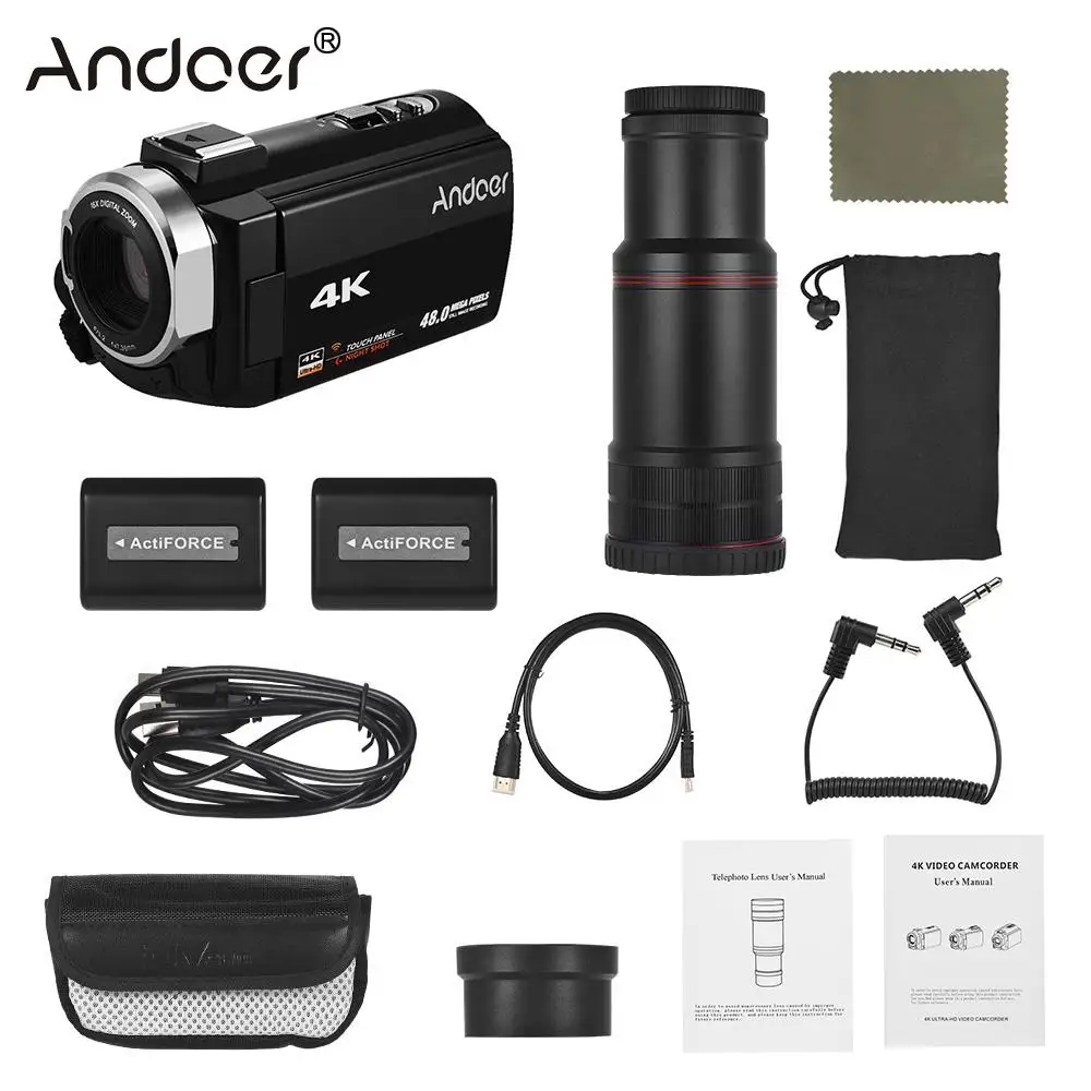 Andoer видеокамера Цифровая видеокамера 4 K HD DV 16X цифровой зум " сенсорный экран ночного видения с микрофоном объектив 2 шт батареи