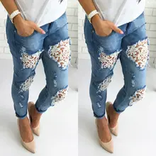 Fashion Hole Lace Jeans Women Summer 2019 Slim Fitted Ripped Jeans Casual Blue Skinny Denim Pants Plus Size Women's Clothing blue fashion lace details bodycon ripped jeans