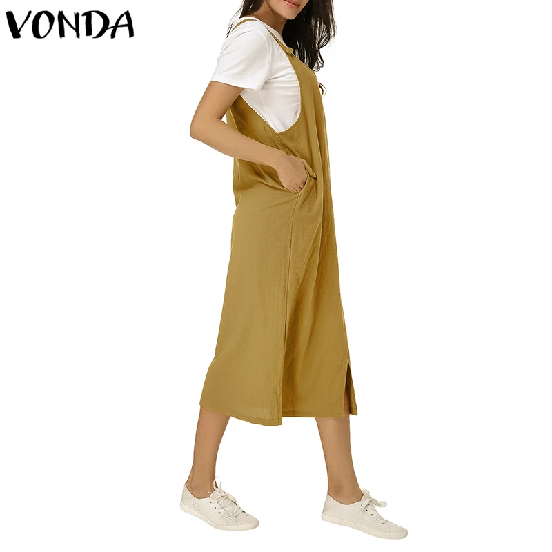 VONDA النساء خمر القطن اللباس 2019 الصيف V الرقبة أكمام سبليت جيوب الصلبة اللباس عارضة فضفاض منتصف العجل Vestido زائد حجم