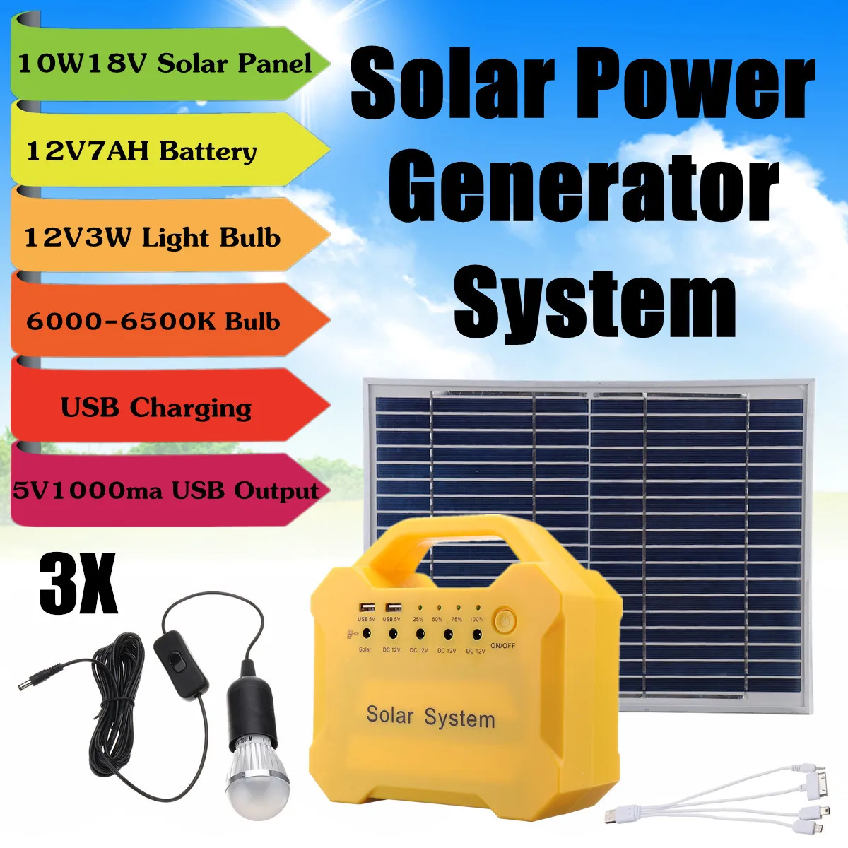 

LED Light USB Charge System Solar Panel Power Storage 18V Generator Home Outdoor Large Capacity Battery Energy Saving Camping