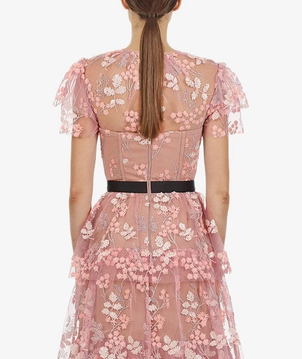 TDVICTORY новое летнее розовое Сетчатое платье с вышивкой для подиума, женское богемное платье с короткими рукавами, кружевное платье, очаровательное миди платье