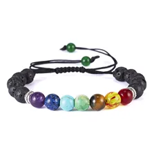 Clássico chakra 8mm lava pedra grânulos 7 cor corrente pulseiras para mulheres tecido corda yoga moda amizade ajustável jóias