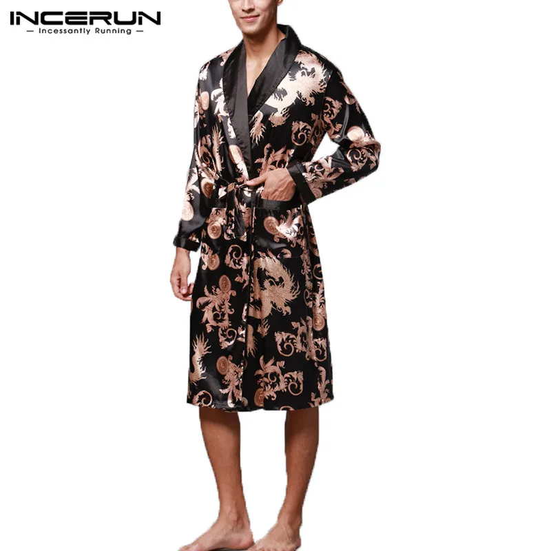 INCERUN Fashion Satin Silk Pajamas Mens Robe Long Sleeves Bathrobe Lucky Chinese Dragon Print Gown Bathrobe Sleepwear Lounge INCERUN Fashion Satin Silk Pajamas Mens Robe Long Sleeves Bathrobe Lucky Chinese Dragon Print Gown Bathrobe Sleepwear Lounge