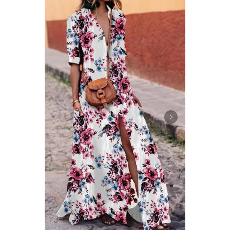 

TryEverything Floral Beach Boho Dress Summer 2019 Women Button Collar Shirt Dress Ladies Half Sleeve Casual Long Dresses Women
