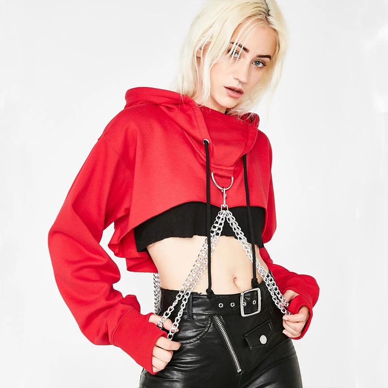 

Womens Gothic Punk Plain Hoodies Girls Casual Crop Top Pullover Personality Hooded Sweatshirt Chain Decoration Jumper Hoodies