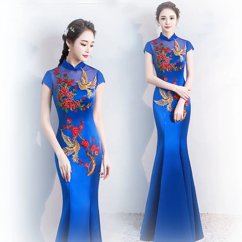 Navy Blue Chinese Dress Traditional Guzheng Satin Cheongsam Vestido Female Mermaid Long Evening
