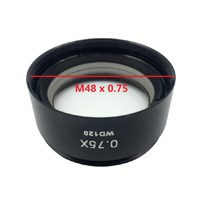 0.75X Barlow Auxiliary Objective Reduction Lens for Stereo Microscope with Working Distance 120 mm Mounting Thread M48 x 0.75