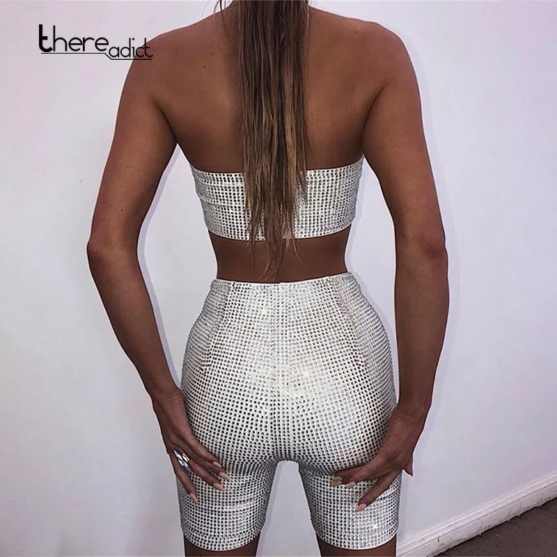 

Tube Tops+short Pants 2 Piece Set Women Crystal Reflective Summer Two Piece Set 2019 Sexy Clubwear Two Piece Playsuit