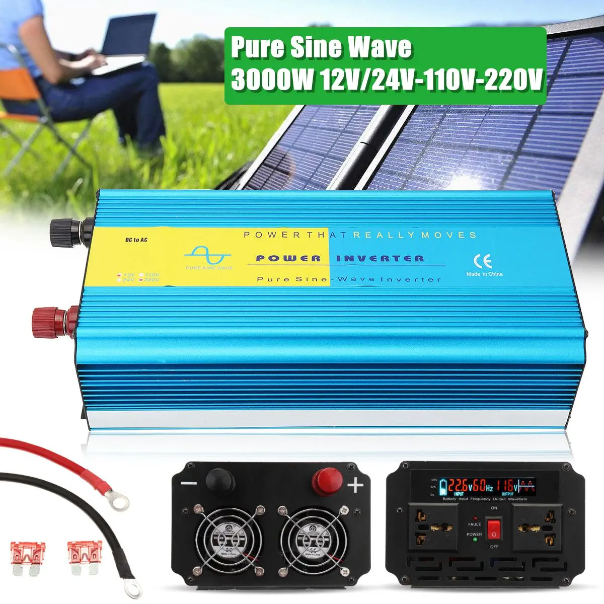 

Pure Sine Wave Inverter KROAK 2500W 12V/24V to 110V/220V LCD Solar Power Converter Blue for car truck