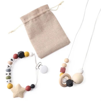 

CHEWELRY 1Pc Silicone Teething Beads Pacifier Chain Holder For Nipples Personalized Wooden Ring Teether Necklace Rattles Teether