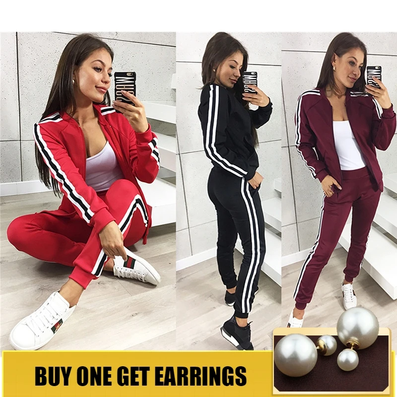 

HOUZHOU Two 2 Piece Sets Pants Tracksuit for Women Side Striped Sweatpants Zipper Jogger Mujer Pencil Pantalon Female Patchwork