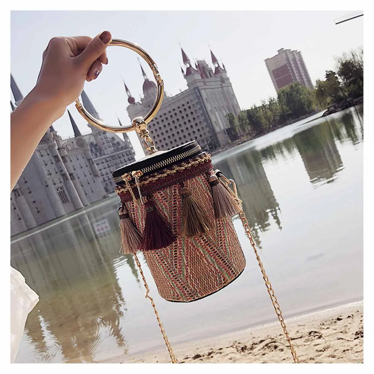 الوطني نمط شرابة سلسلة حقيبة المرأة حقائب قش الصيف عطلة جولة دلاء الشاطئ حقائب البوهيمي دائرة Crossbody حقيبة بالي