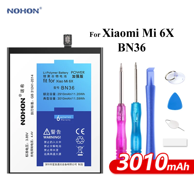 Nohon Аккумулятор для Xiaomi 6X BN36 Mi реальная емкость 2910 мАч 3010 мобильный литий