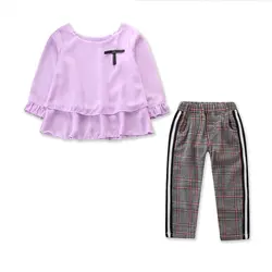 Осенняя модная футболка с длинными рукавами для девочек, Топы, Длинные клетчатые штаны, комплекты одежды