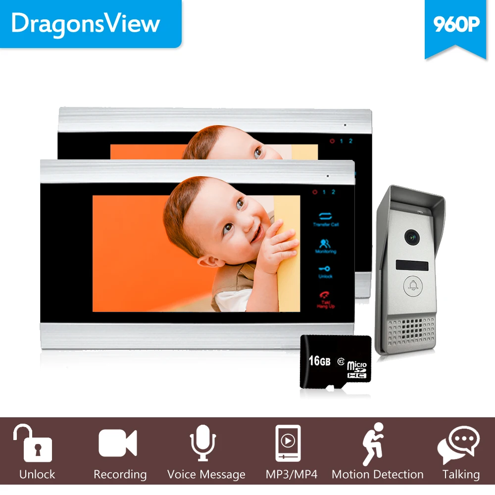 

Dragonsview 7" HD Video Door Phone 2 Monitors Wired Home Intercom System Video Door Station with Doorbell Camera 960P Message