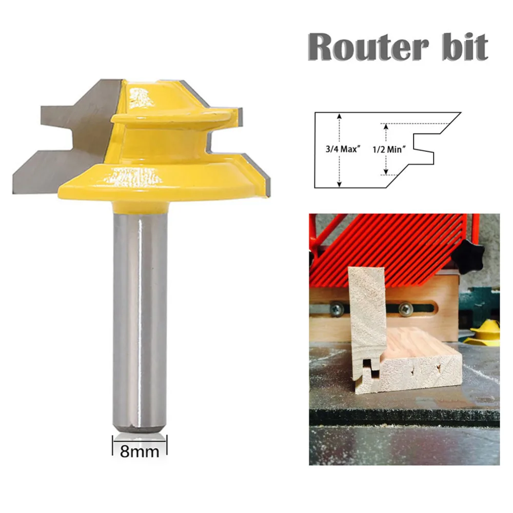 

Woodworker Lock Miter Router Bit 45 Degree Woodworking Drill Bit 8mm 1/2 Shank Tenon Cutter Woodwork Milling Cutters Tool