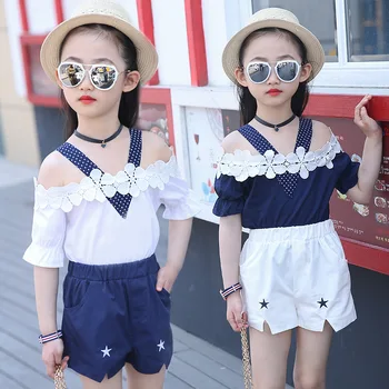 

Girls Sets Summer New Baby Kids Fashion Shoulderless T-shirt + Short Pants 2PC Girls Clothes Suits Cute Outfits 6 8 10 12 Years