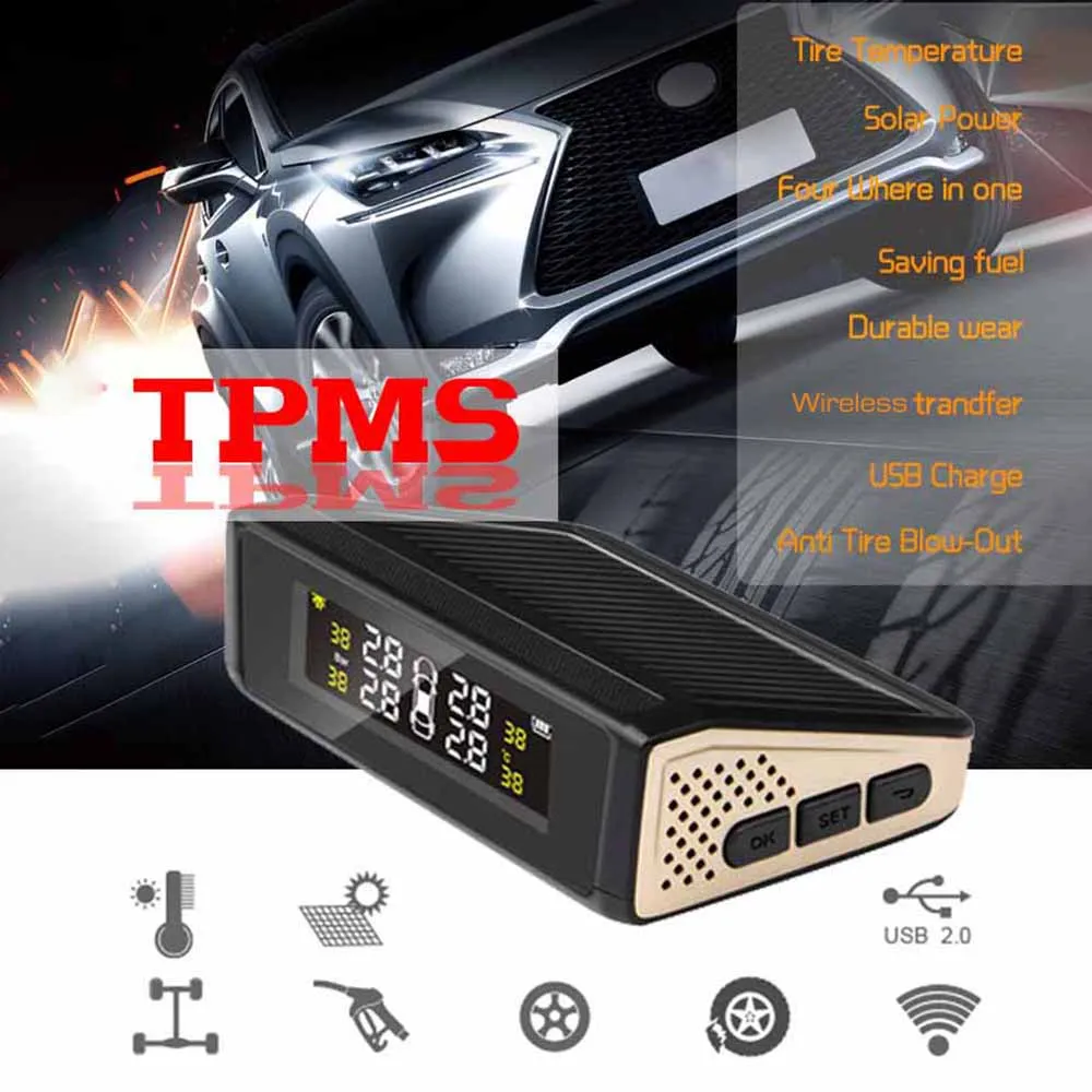 

Wireless Tire Pressure Monitor Monitoring System Solar Power 4 Sensors Tire Guage with Pressure Temperature Display for SUV Car