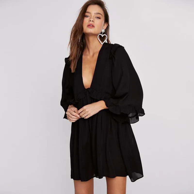 

Black Ruffles Mini Dress Women 2019 Summer V-collar Backless Sexy Beach Dresses Holiday Casual Plus Size Dress Woman