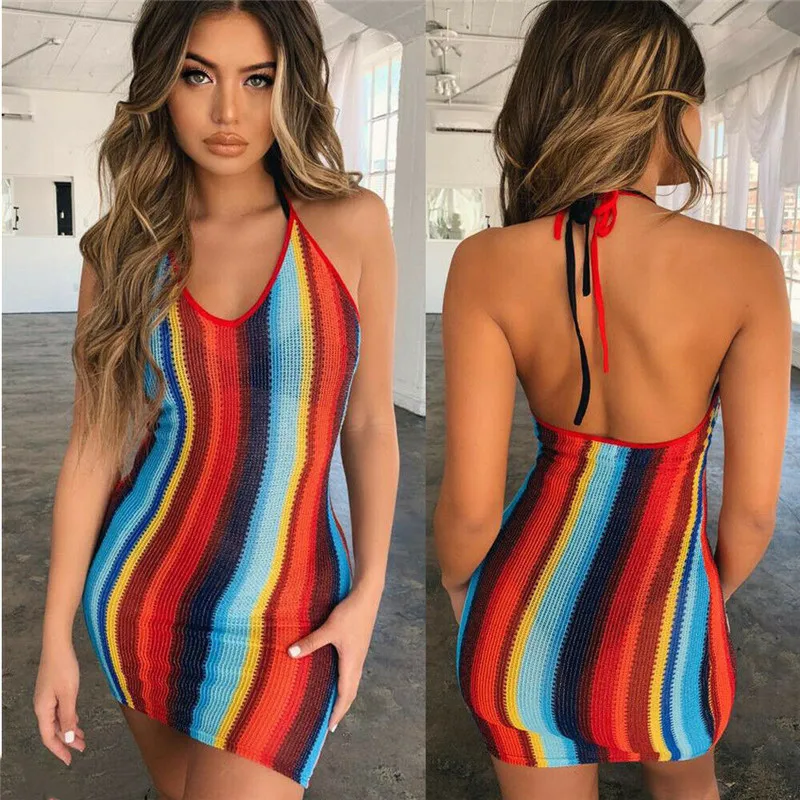 

Women's Sexy Halter Bandage Stripe Mini Dress Female Backless High Waist Tight Party Club Dresses