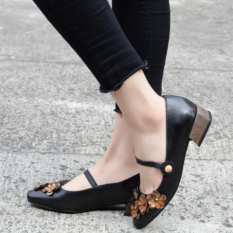

Women Leather Pumps Pointed Toe Flower Spring Shoes 2019 Ladies Ankle Strap Pumps Women Handmade Genuine Leather Pump Low Heels