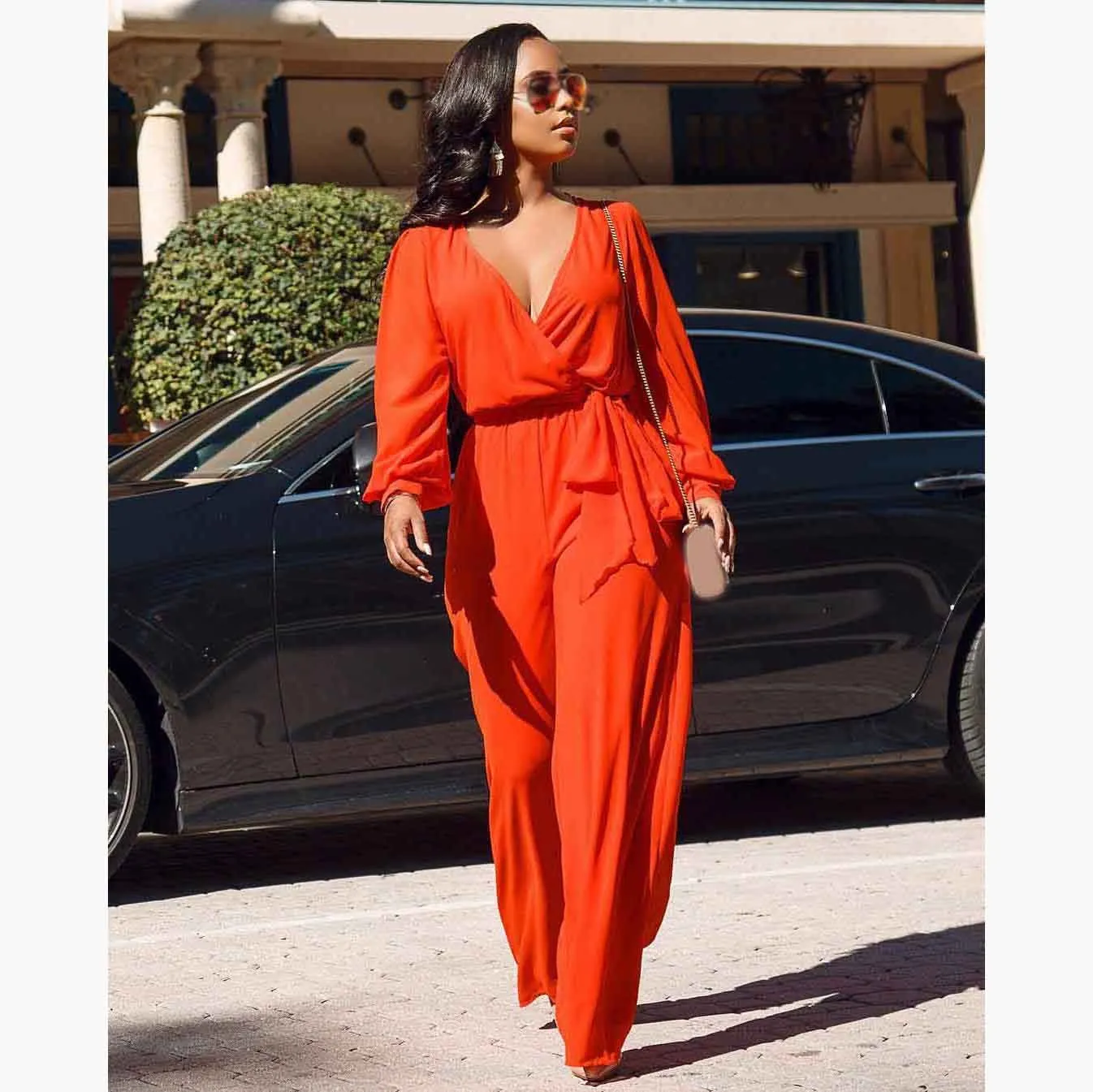 Summer Women Deep V Neck Jumpsuit Solid Long Sleeve Long Romper Loose Lace Up Sexy Jumpsuit Summer Women Deep V Neck Jumpsuit Solid Long Sleeve Long Romper Loose Lace Up Sexy Jumpsuit