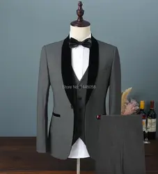 Последние конструкции пальто брюки 2019 Velvet шаль нагрудные серый комплект из 3 предметов костюм смокинг для шафера, жениха Мужские свадебные