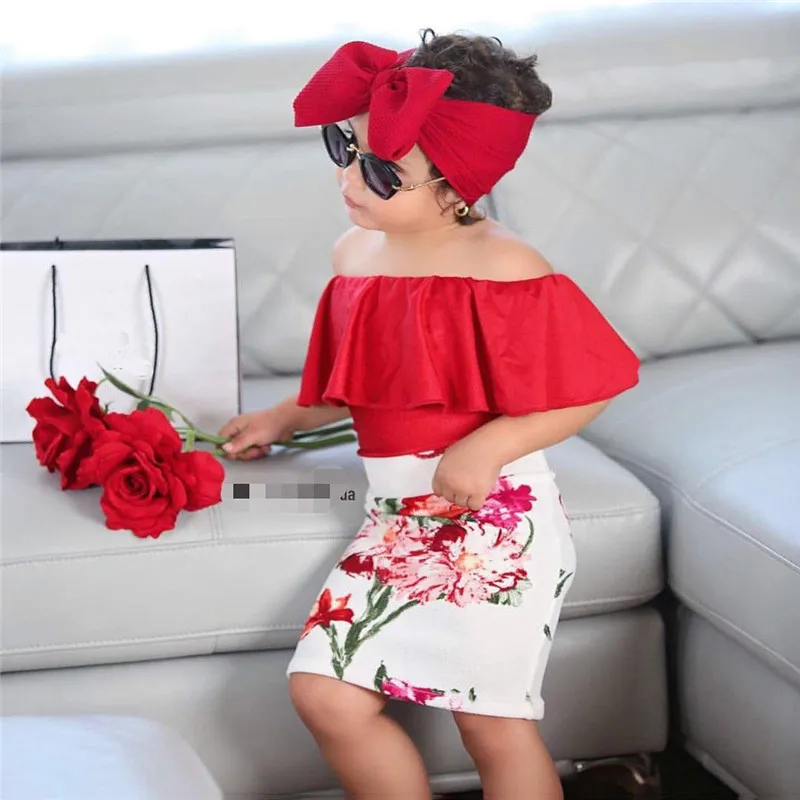 

3Pcs Newest Summer Kid Baby Girls Clothes Solid Color Ruffles T-shirt Tops High Waist Floral Skirt Headband Outfit Set 1-6T