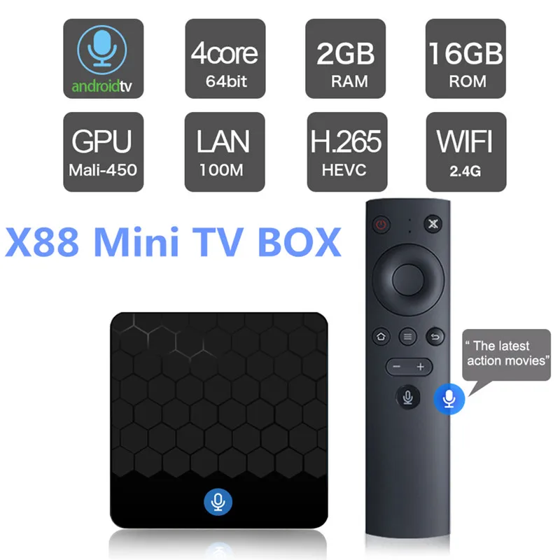 

X88 Mini Android 7.1 TV Box RK3328 2GB 16GB Set Top Box 2.4G WiFi 100Mbps 4K H.265 4K Media Player With Voice Remote Control