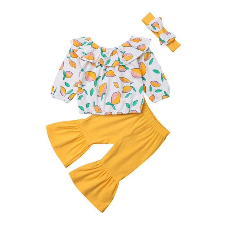 

Kids Baby Girl Clothing Off Shoulder Lemon Tops Flared Pants Headband 3pcs Cute Outfits Clothes Girls 1-6T