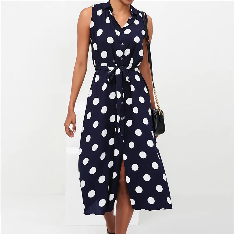 

2019 Summer Dress Women Button Chiffon Dress Elegant Sexy Sleevelesss Dot Print Turn-down Collar Dress Ladies Party Dresses