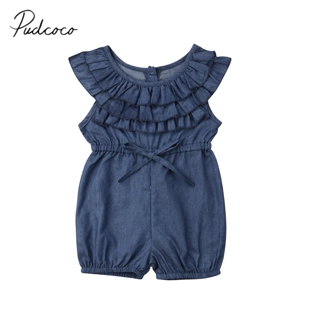 

2019 Brand New 0-4Y Newborn Toddler Baby Girls Denim Romper Ruffles Short Sleeve Elastic Waist Blue Jumpsuits Summer Clothes
