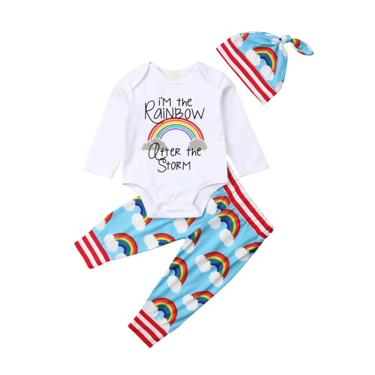 

3PCS Newborn Kids Baby Girl Boy Rainbow Clothes Romper Bodysuit Pants Hat Outfit