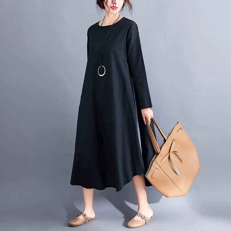 Black Long Loose Robe Dress 2019 Spring Summer Women Sleeved Stitching Cotton and Linen Dresses | Женская одежда