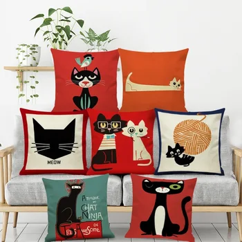 

18' Cartoon cat funny kitty couch cushion cover decorative pillows cotton linen pillowcase child living room cushions home decor