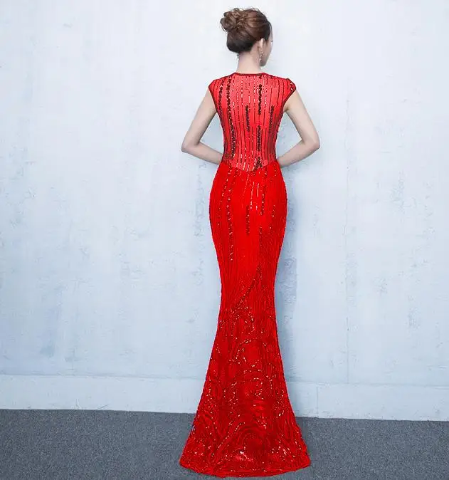 SVKSBEVS Sexy Deep V Neck 2019 Sequined Mermaid Long Dresses Party Short Cap Sleeve Illusion Zipper Back Maxi Dress