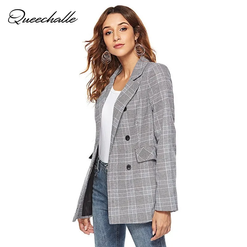 Nerefy Women Casual Plaid Blazer Jackets Suit Blazer Gray Long Sleeve Office Lady Formal Notched Slim Nerefy Women Casual Plaid Blazer Jackets Suit Blazer Gray Long Sleeve Office Lady Formal Notched Slim