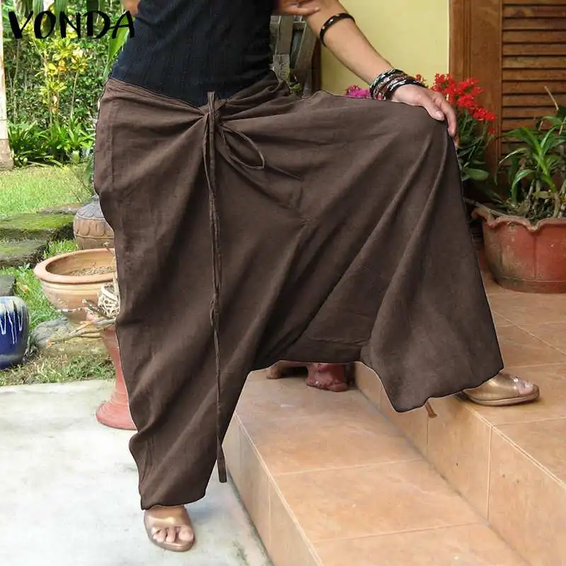 

VONDA Women Casual Pants 2019 Autumn Vintage Cotton Solid Loose Trousers Bottoms Female Sexy Wide Leg Pants Plus Size