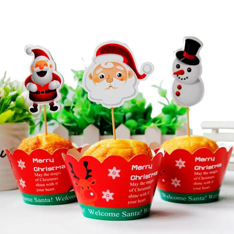 

24pcs Christmas Party Santa snowman Cupcake Cake Wrappers Toppers Baby Shower Birthday Christmas Party Decorative Supplies