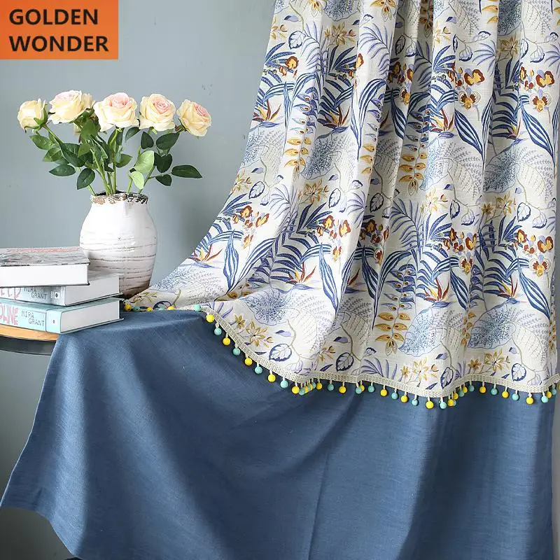 

American Mediterranean Nordic Retro Curtain Blue Flower Small Curtains For The Kitchen Door Curtain Coffee Curtains Chinese