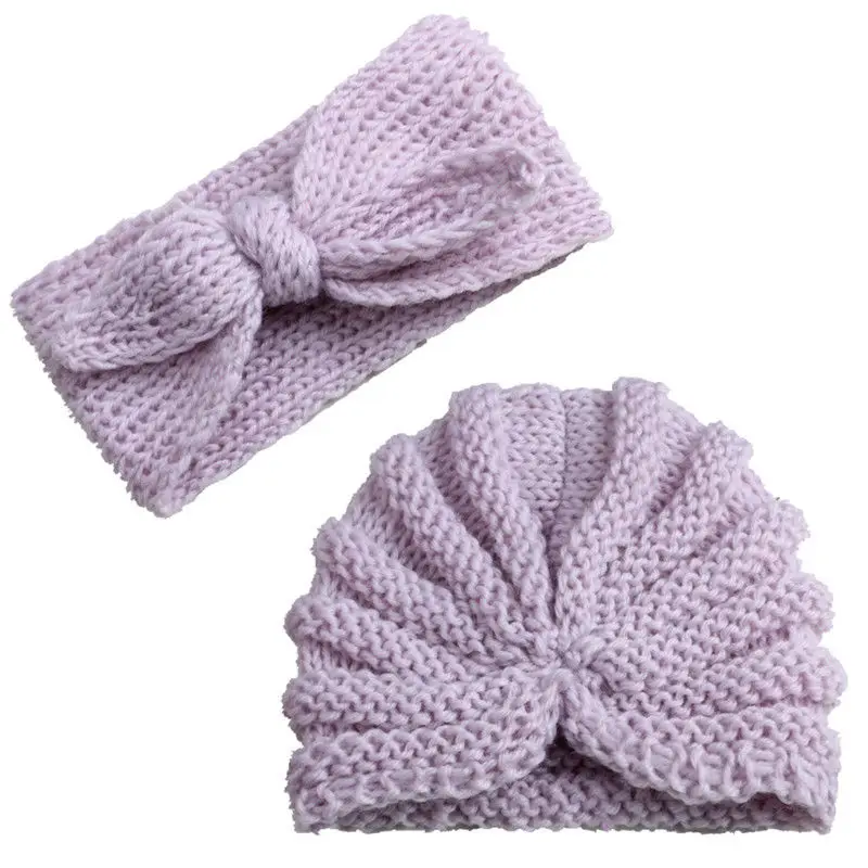 

Brand Hot Sellings Cute Baby Girls Boys Bow Turban Hat Toddler Kids Head Wrap Soft Headband Cap Love Knitted 2Pcs Solid Headwear