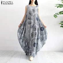 ZANZEA женское летнее платье с цветочным принтом без рукавов, повседневное Свободное длинное платье макси из хлопка и льна, платье-кафтан, платья Vestido