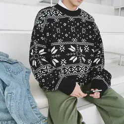 2018 зимние корейские Для мужчин Повседневное свободные сгущать Геометрическая Печать шею Cachemire Вязание пуловер брендовый свитер Homme M-2XL