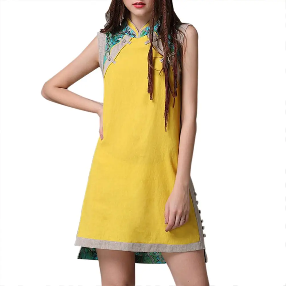 

MISSKY Women Summer Dress Yellow Color Cheongsam Vintage Cotton Linen Patchwork Vest Sleeveless Dress Female Clothes