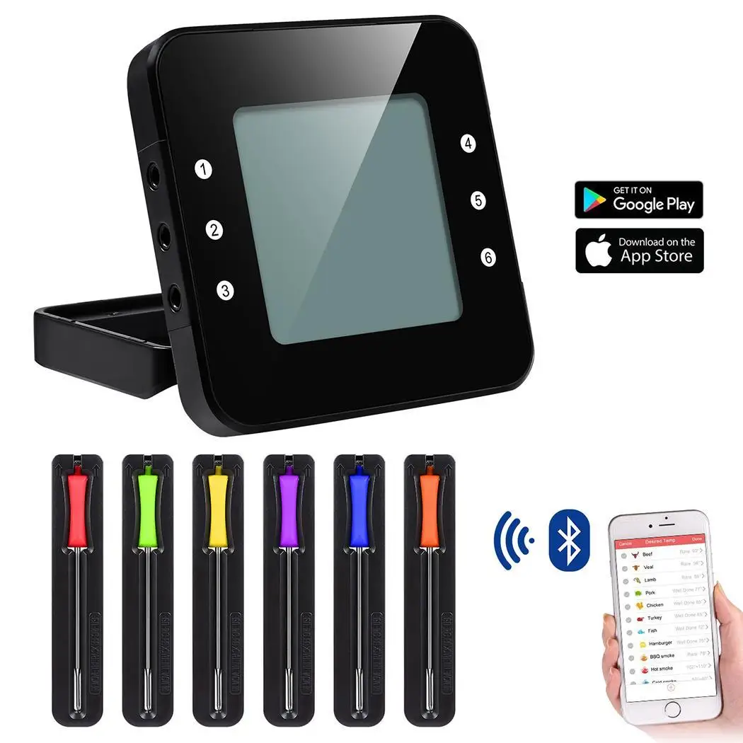 Wireless Grill Thermometer Bluetooth Adapter Digital Cooking Food 50m Black 2 with 6 LCD Screen Probes | Дом и сад