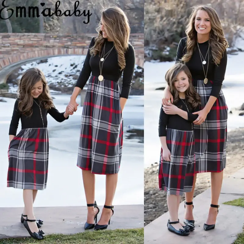

Brand New 2018 Women Family Matching Dress Fashion Mom Girls Long Sleeve Plaid O-neck Dress Mother And Daughter Clothes Newest